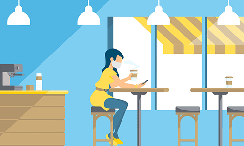 Woman sitting in a cafe and looking at her phone illustration.