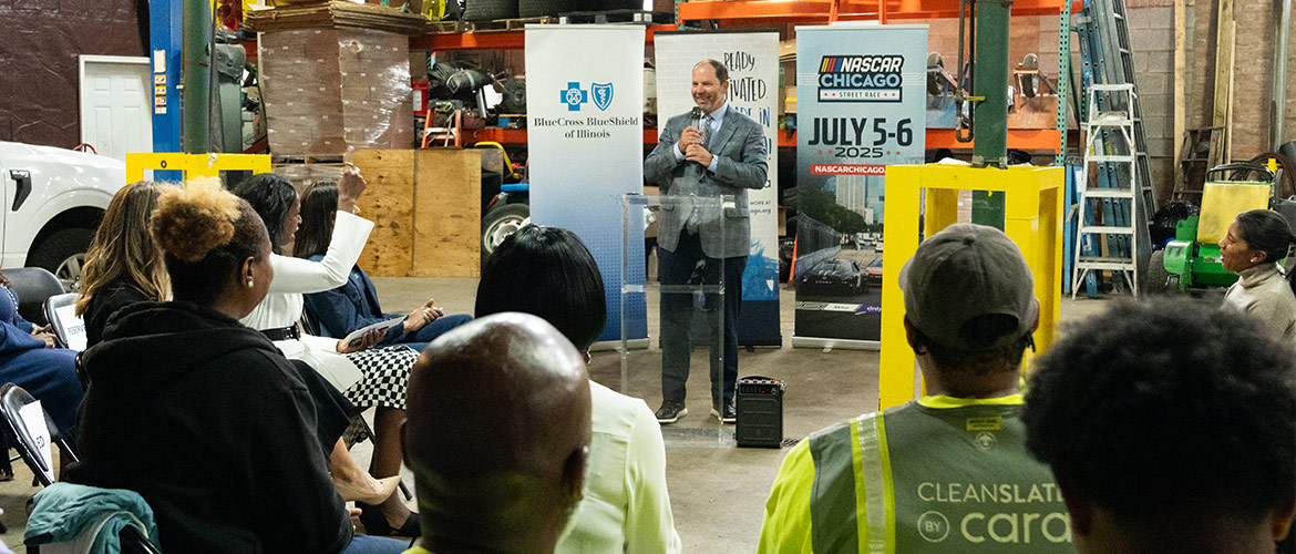 Brian Snell, president of Blue Cross and Blue Shield of Illinois, speaks during a donation event 