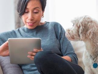 Woman sitting on a couch with her dog and working on a tablet.  