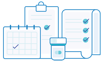 Ilustración de formularios, un calendario y un frasco de medicamento recetado