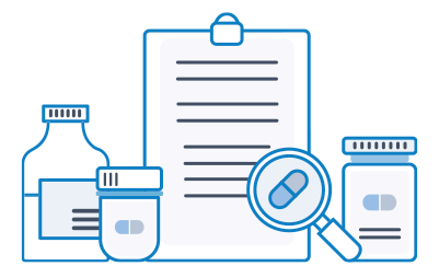 Illustration of prescription drug bottles, a magnifying glass looking at a pill, and a doctor's script pad